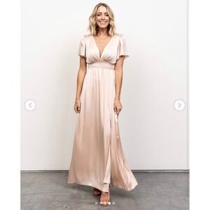 Baltic Born Prague Satin Maxi Dress Champagne Beige V-Neck Slit Size Large